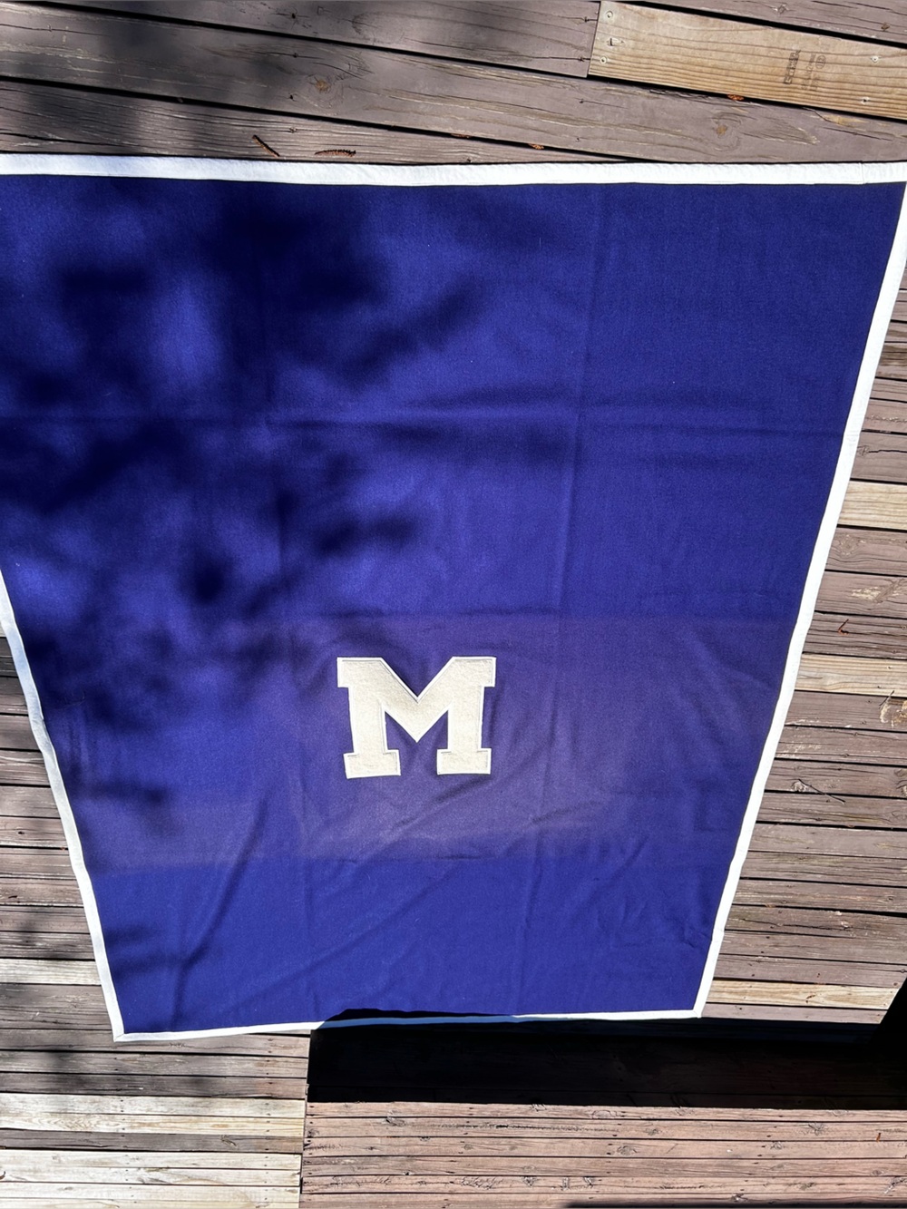 VTG ‘M’ WOOL BLANKET-60”x81”thick/warm-RARE; likely mid century-slt faded middle